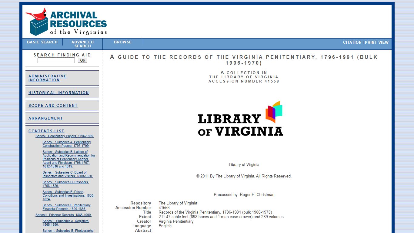 A Guide to the Records of the Virginia Penitentiary, 1796-1991 (bulk ...